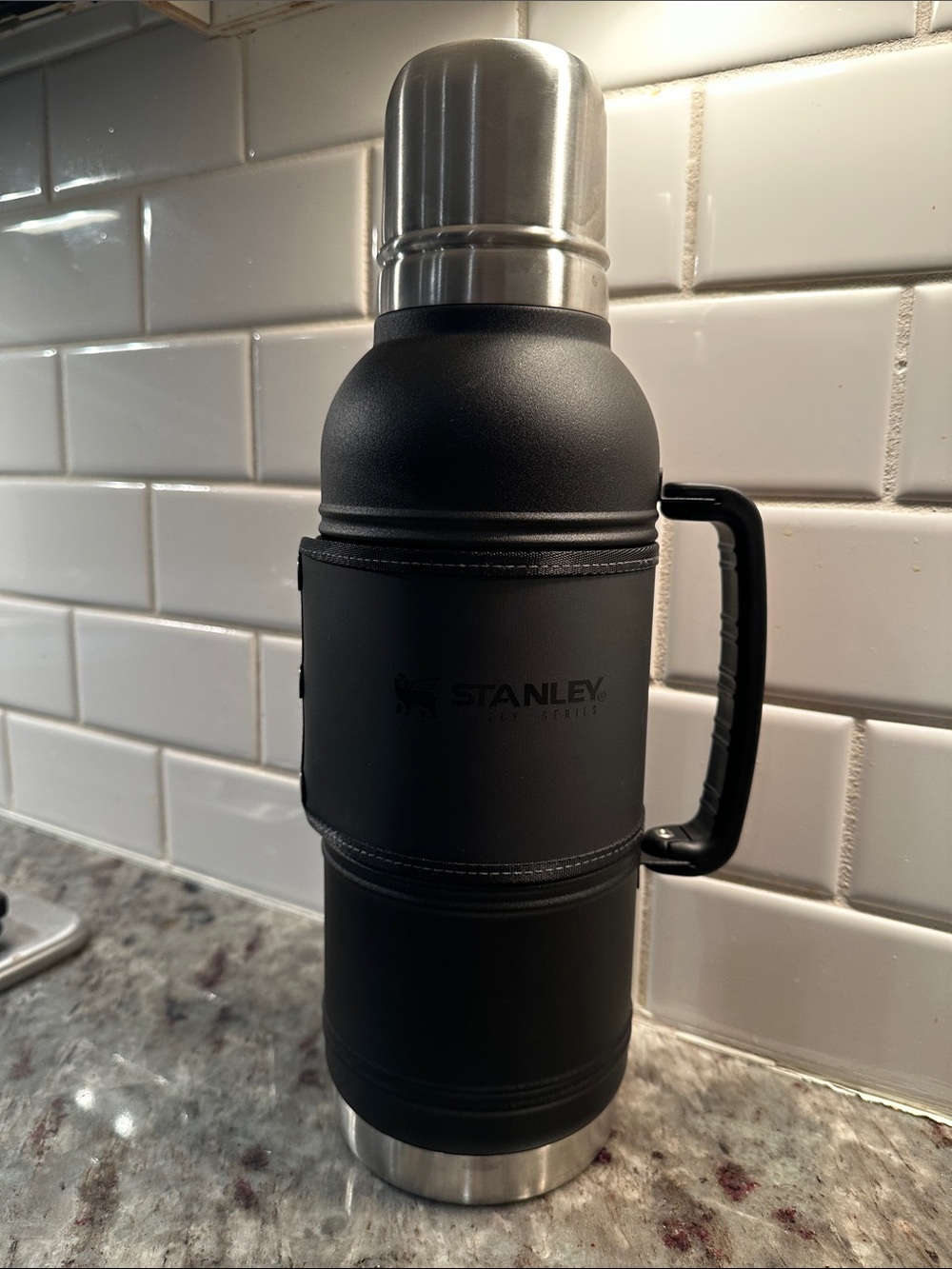 Stanley Black and Silver Insulated Travel Thermos with Handle